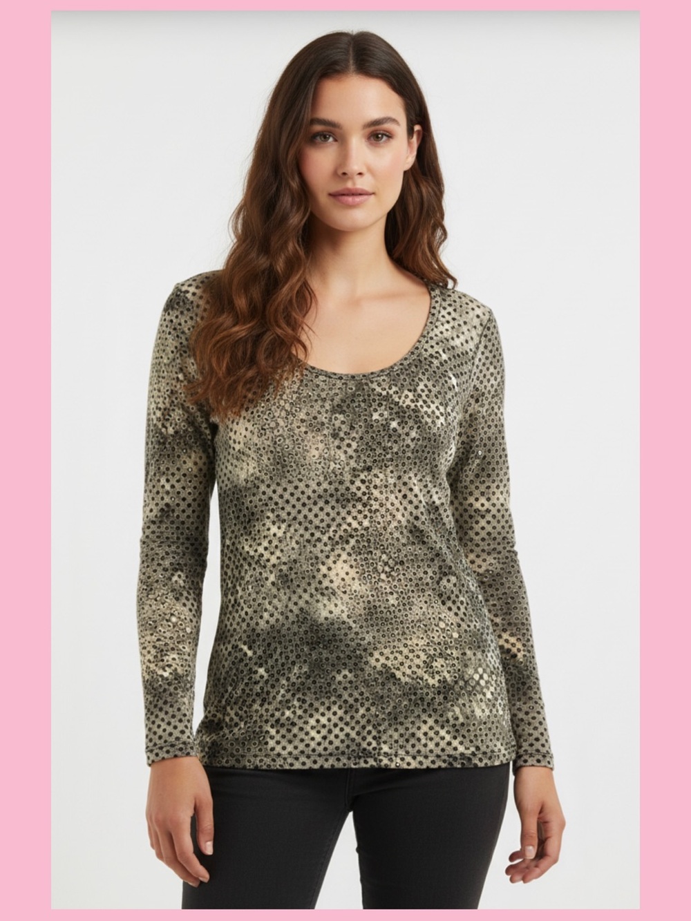 liz & co. Olive Scoop Neck Long Sleeve Top with Metallic Dots